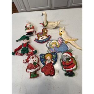 Vintage Handmade Stuffed Quilted , Felt , Cloth Christmas Ornaments  Lot Of 9
